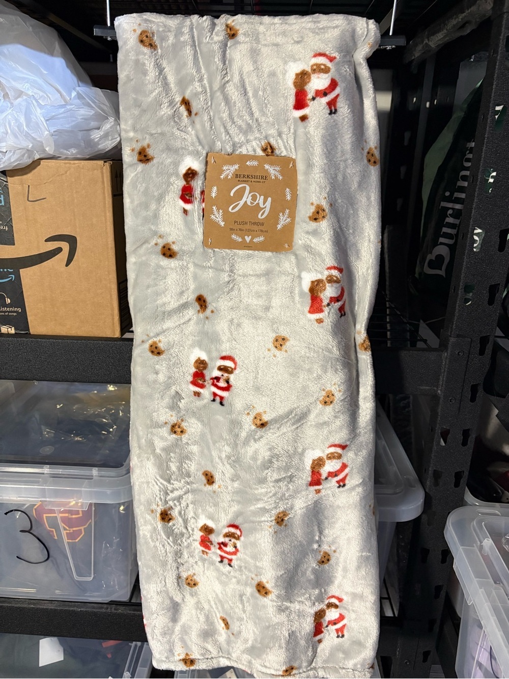 Berkshire Joy Plush Throw - Gray with Santa & Cookie Print 50 x 70 New